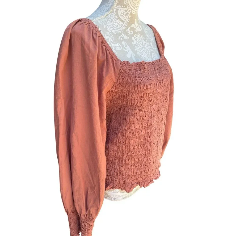 Cottagecore Boho Smocked Bubble Sleeve Top Madewell Lucie Warm Umber M